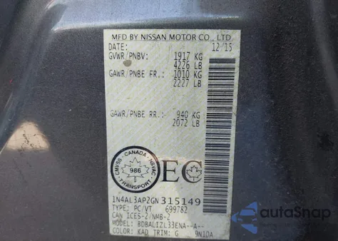 2016 Nissan Altima 2.5/S/Sv/Sl/Sr z USA, uszkodzony, nr VIN 1N4AL3AP2GN315149